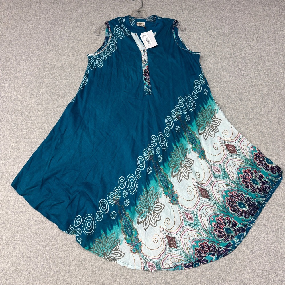 Exist Sleeveless Dress S/M Teal Blue Bohemian Paisley Floral Rayon Button Front